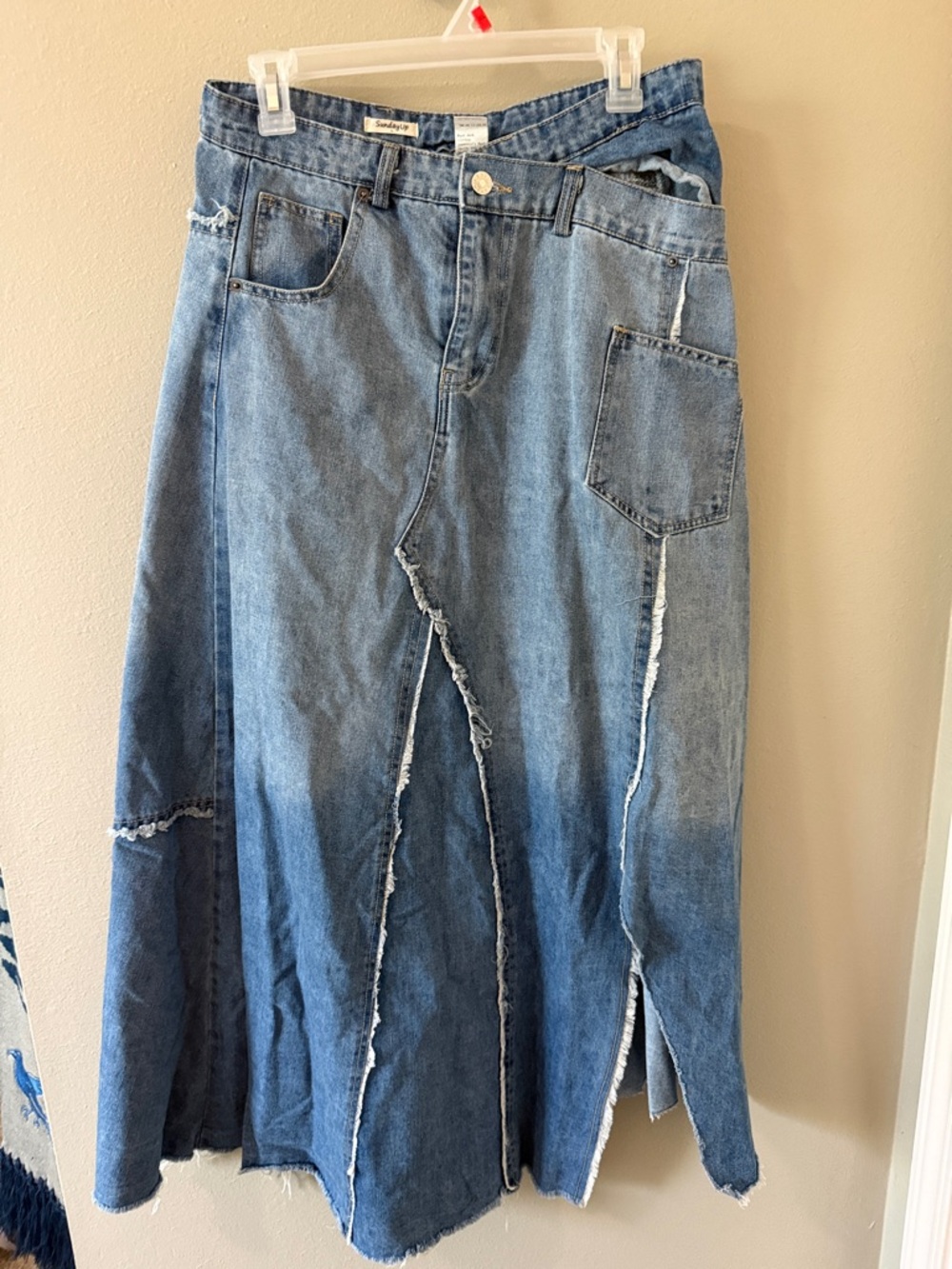 Sunday Women's Two-Tone Distressed Denim Maxi Skirt - Light & Medium Blue